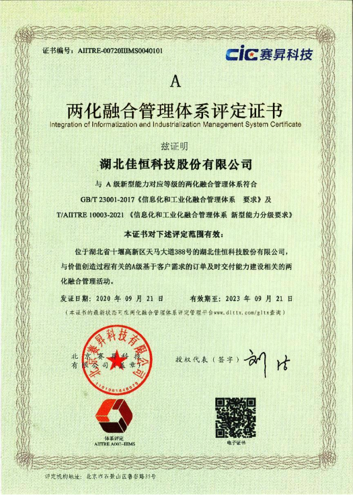 兩化(hua)融合(he)管理(li)體系(xi)評定(ding)證書(shu)